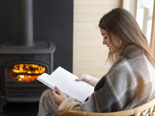 Une femme lit un livre près d'un poêle à granulés sans électricité. Avis : chaleur réconfortante et ambiance cosy.