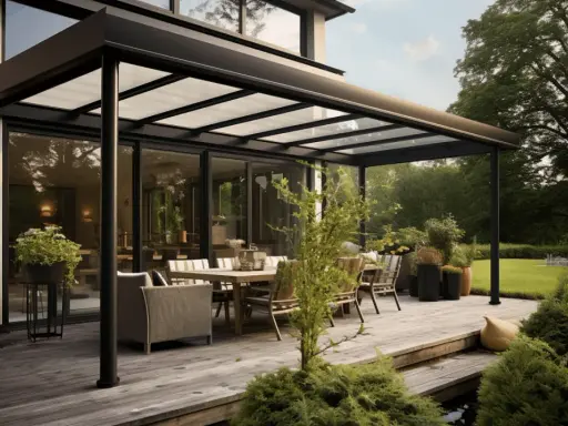 Une terrasse en bois avec une table et des chaises sous une pergola moderne. L'emprise au sol de la pergola crée un espace de vie extérieur accueillant.