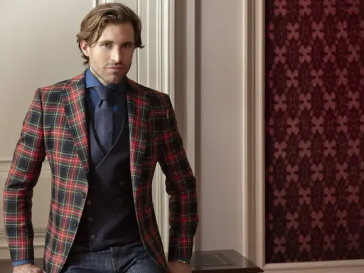 Man in a festive tartan blazer, dark blue shirt, tie, and vest. This is what holiday attire looks like.