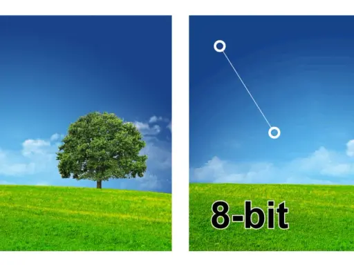 Porównanie jakości obrazu: po lewej 10-bitowe niebo jest gładkie, po prawej 8-bitowe ma widoczne pasy.