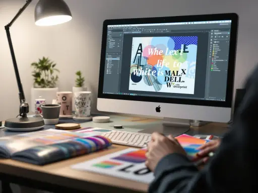 Grafik projektuje materiały z wykorzystaniem druku białym kolorem. Na ekranie komputera widać projekt graficzny z tekstem i kolorowymi kółkami.