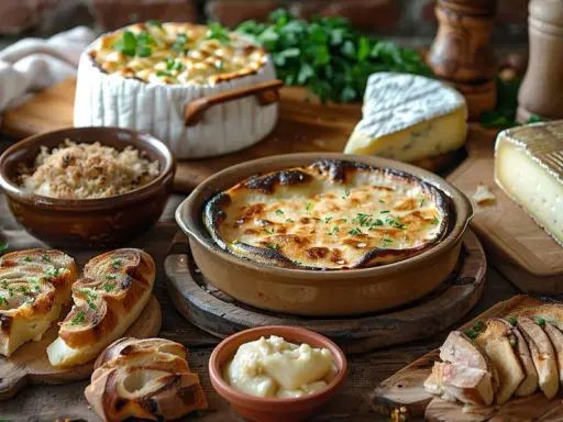 Plats gratinés et fromages, un festin de spécialités Auvergne. Pain grillé, herbes fraîches et ambiance rustique.
