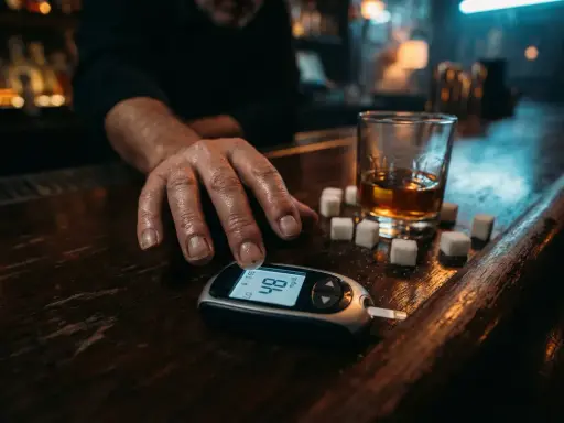 Mężczyzna sprawdza poziom cukru we krwi obok szklanki whisky i kostek cukru. Alkohol a gęstość krwi – ważna kwestia dla diabetyków.
