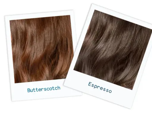 Zwei Polaroid-Fotos zeigen verschiedene Schattierungen von braunem Haar: "Butterscotch" und "Espresso".