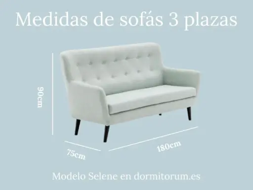 Sofá de 3 plazas modelo Selene. Medidas: 180cm ancho, 90cm alto, 75cm fondo.