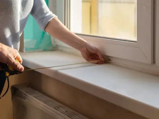 Dwie osoby mierzą taśmą zwymiarową parapet wewnętrzny przy oknie.