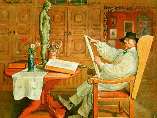 Carl Larsson sitter i en stol och ritar på en duk. Framför honom står en statyett, en bok och en vas med blommor.