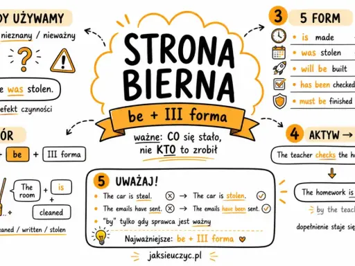 Grafika wyjaśnia stronę bierną w języku angielskim. Podkreśla, że ważniejsze jest to, co się stało, a nie kto to zrobił. Przykład: "My bike was stolen".