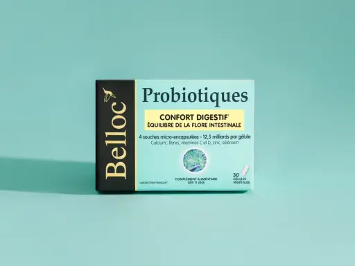 Boîte de probiotiques Belloc pour le confort digestif et le ventre gonflé. Équilibre de la flore intestinale.