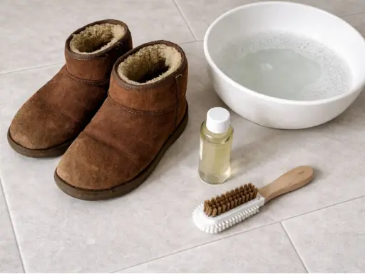 Brązowe buty UGG, miska z wodą, buteleczka z płynem i szczotka do czyszczenia. Dowiedz się, jak czyścić UGG.