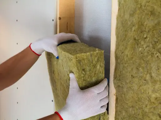 Manos enguantadas colocan aislamiento de lana de roca para como aislar una pared, creando un hogar más cálido y eficiente.
