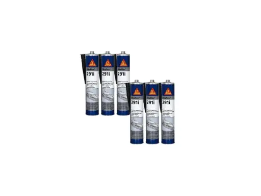 Six tubes de Sikaflex 291i marine, un mastic-colle essentiel pour les travaux nautiques, prêts à l'emploi.