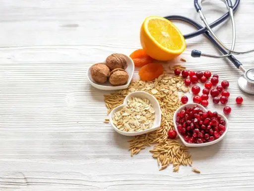 Sposób babci na obniżenie cholesterolu: orzechy, owsianka, żurawina, granat, pomarańcza i suszone morele. Stetoskop symbolizuje zdrowie.