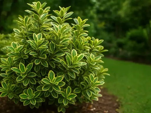 Un arbuste d'Euonymus japonicus aux feuilles vertes et jaunes, bien taillé, se dresse dans un jardin verdoyant.