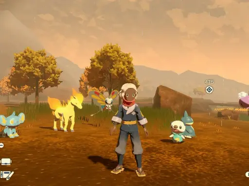 Postać z gry Pokemon Legends Arceus stoi na tle jesiennego krajobrazu z kilkoma Pokémonami: Shinx, Ponyta, Butterfree, Oshawott i Snorunt.