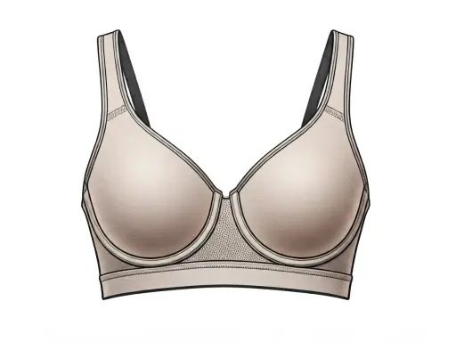 Reggiseno sportivo color carne, con spalline nere e dettagli in rete. Un classico reggiseno in francese, perfetto per ogni attività.