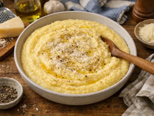 Polenta crémeuse dans un bol, garnie de parmesan râpé et de poivre noir, avec une cuillère en bois.
