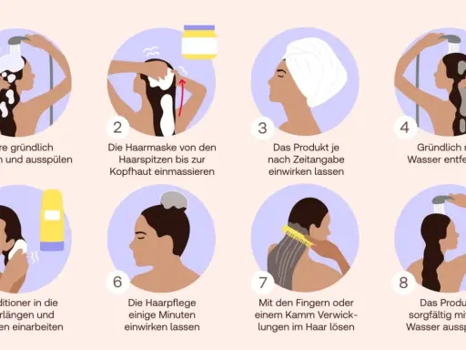 Schritt-für-Schritt-Anleitung, wie benutzt man eine Haarkur: Haare waschen, Maske einmassieren, einwirken lassen, ausspülen, Conditioner auftragen, wieder einwirken lassen, entwirren und gründlich ausspülen.