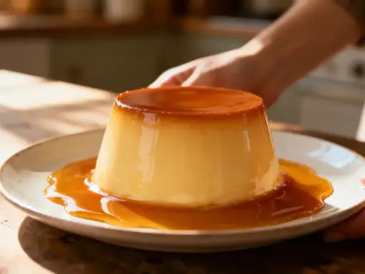 Un délice doré et onctueux, la vraie crème caramel coule sur une assiette rustique, baignée de soleil.