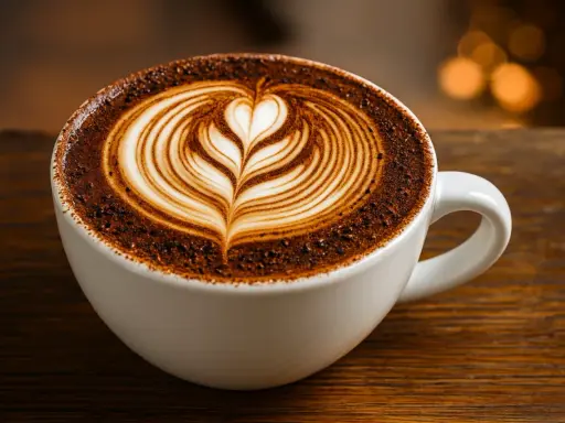 Ein wunderschöner Caffè Mocca mit Latte Art, der auf einem Holztisch steht.