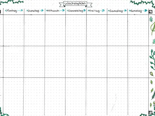 Ein Wochenplan-Layout mit Feldern für jeden Tag und Tageszeiten (Vormittag, Nachmittag, Abend). Ideal, um zu planen, wie erstelle ich einen lernplan.