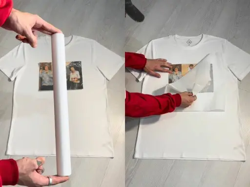 Manos aplican imagen a camiseta blanca. Paso a paso para saber como hacer una camiseta personalizada con fotos.