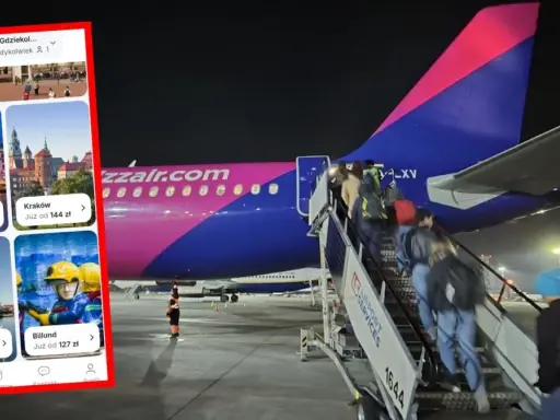 Loty z Bari do Katowic? Aplikacja pokazuje tanie loty do Londynu, Sztokholmu, Krakowa, Göteborga i Billund. Pasażerowie wsiadają do samolotu Wizz Air.