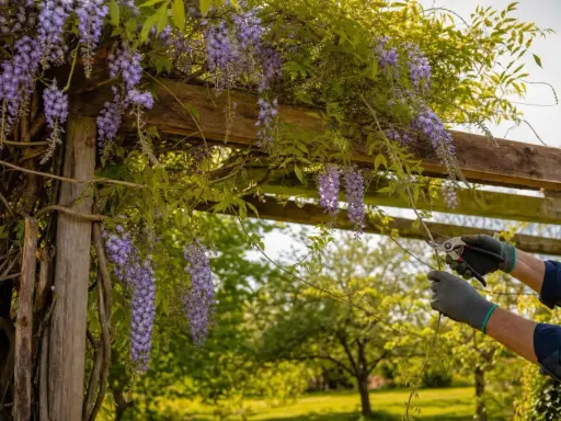 Des grappes de glycine arbre en fleurs tombent d'une pergola en bois. Des mains gantées taillent la plante.