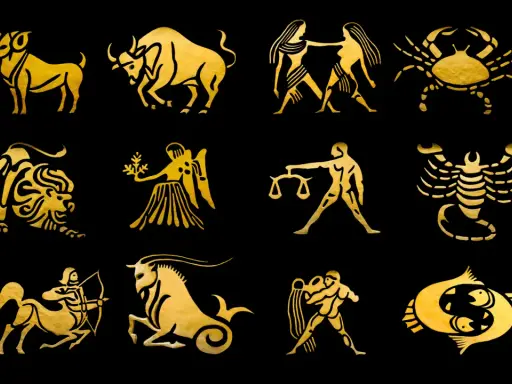 Dodici simboli dorati del **segno zodiacale** su sfondo nero, come un **quarzo citrino** che illumina il cielo notturno.