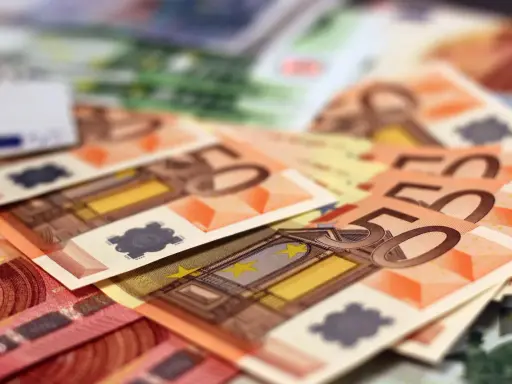 Billetes de euros, algunos de 50, apilados. ¿Iae que es? Dinero para gastar.