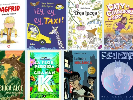 Colección de libros infantiles, incluyendo "Dagfrid, una niña vikinga", "¡Ey, ey, ey, TAXI!", "Tres luces" y "Caty la cuidadora de gatos", ideales como libros para niños de 8 años.