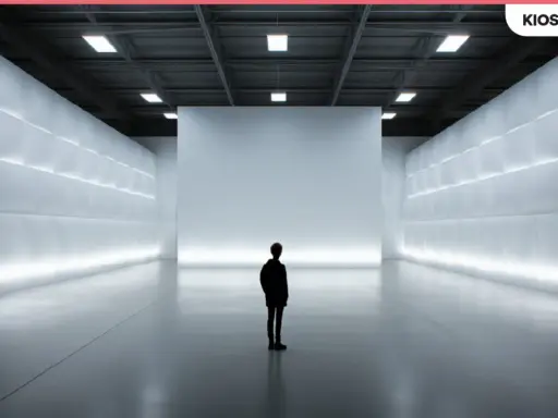 Una persona solitaria contempla una pared blanca en un espacio minimalista e iluminado.