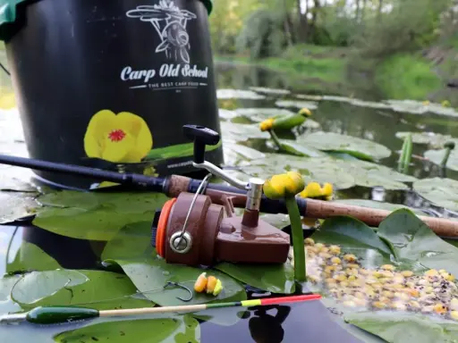 Wiadro "Carp Old School", wędka, kołowrotek i przynęta na liściach lilii wodnych. Idealne miejsce, by dowiedzieć się, jak łowić duże ryby na spławik.