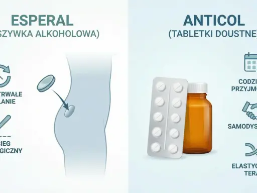 Esperal (wszywka) i Anticol (tabletki) to metody leczenia alkoholizmu. Esperal działa długotrwale po zabiegu, Anticol wymaga codziennego przyjmowania.