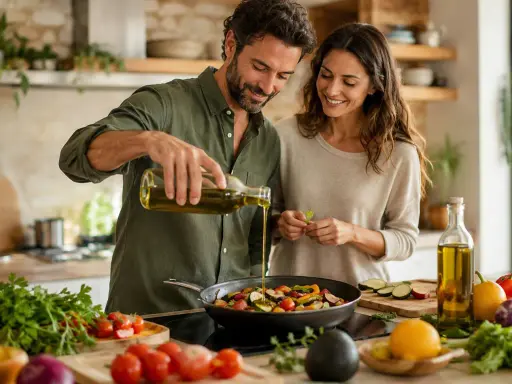 Pareja sonriente cocina verduras en sartén. Él vierte aceite de oliva, ella prepara hierbas. Se puede cocinar con aceite de oliva.