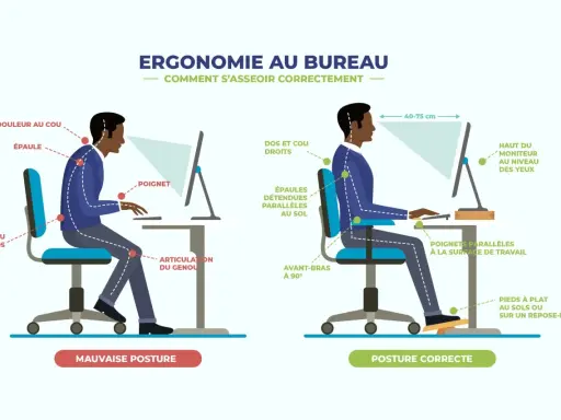 Illustration comparant une mauvaise posture à une bonne posture assise, montrant l'importance de l'équilibre postural assis pour éviter les douleurs.