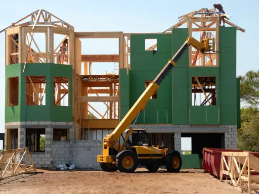 Chantier d'une maison individuelle en cours de construction. Une grue télescopique jaune est positionnée près de la structure en bois et des panneaux verts.