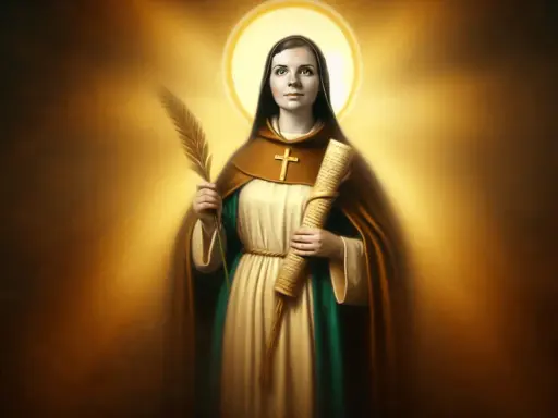Święta Sara z gałązką i zwojem, otoczona złotym blaskiem.