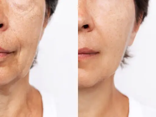 Comparaison avant/après : peau marquée par les rides du sommeil d'un côté, peau plus lisse et rajeunie de l'autre.