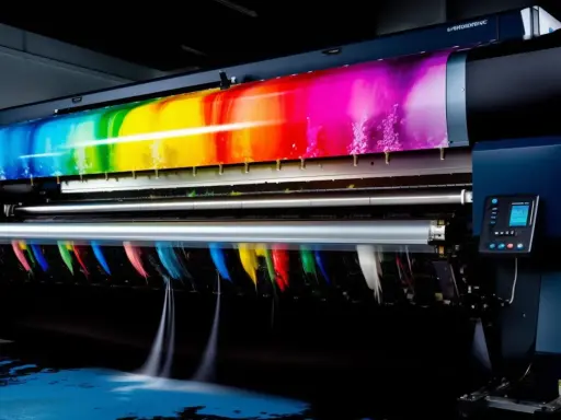 Impresora offset de gran formato imprimiendo un arcoíris vibrante y vívido.