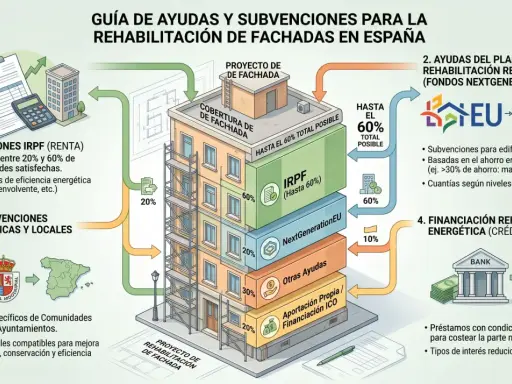 Guía de ayudas para rehabilitación de fachadas: desgravación renta eficiencia energética, subvenciones, fondos NextGenerationEU y financiación ICO.