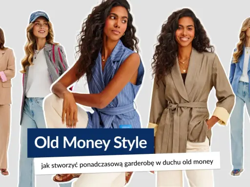 Pięć kobiet prezentuje eleganckie stylizacje w stylu old money: garnitury, marynarki i spodnie w stonowanych kolorach.