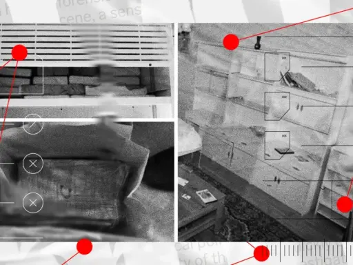 Brottsutredarna undersöker ledtrådar i en radioteater deckare. Detaljer från brottsplatsen visas med markeringar.