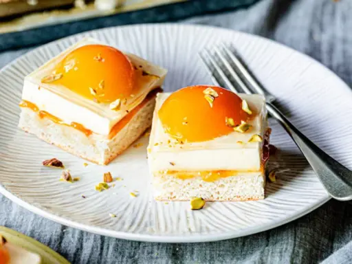 Zwei exquisite Stücke spiegeleikuchen mit pudding, garniert mit Pfirsich und Pistazien, auf einem Teller mit einer Gabel.