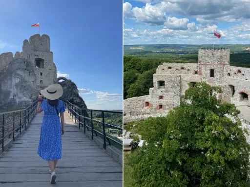 Ruiny zamku na skale, z polską flagą. Widok na okoliczne wzgórza i lasy. Wspaniałe zamki w okolicy Krakowa.