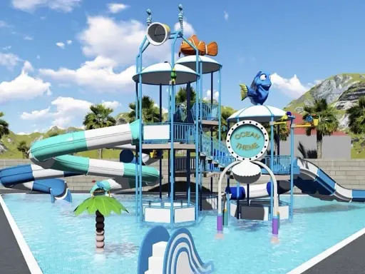 Divertidas piscinas con toboganes para niños, con temática oceánica y personajes de Nemo y Dory.