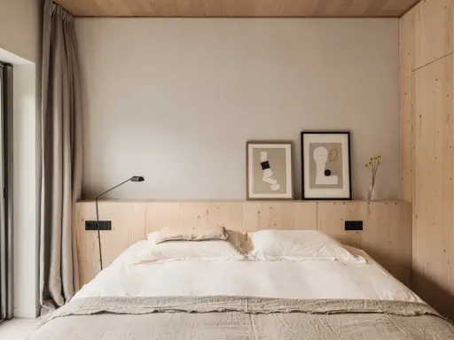 Acogedor dormitorio sin cabecero, con cama de lino, arte abstracto y armario de madera.