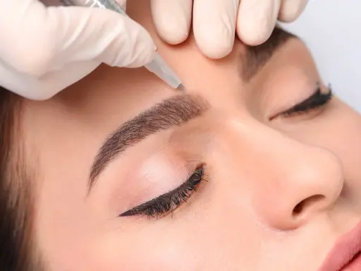 Main d'une esthéticienne réalisant des sourcils permanent effet naturel sur une cliente.