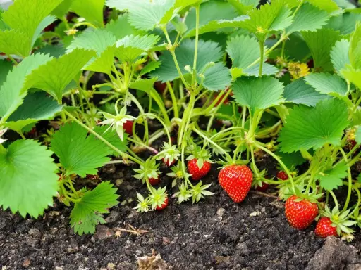 Un fraisier en pleine croissance, avec des feuilles vertes luxuriantes, des fleurs blanches et des fruits rouges mûrs. Un stolon fraisier s'étend sur le sol.