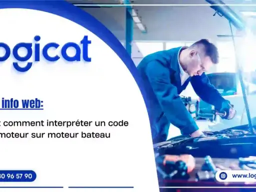 Un mécanicien examine un moteur de bateau pour diagnostiquer un problème moteur. Le logo "logicat" est visible.